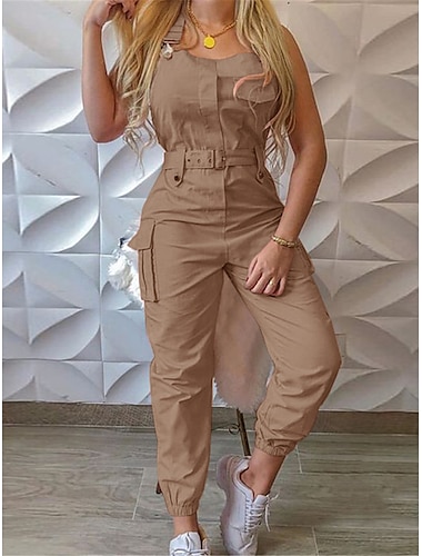  Dames Normaal Jumpsuit Streetwear Effen Kleur Mouwloos V-hals Zak Hoge taille Vakantie Straat Normale pasvorm Zwart Geel Blozend Roze Herfst
