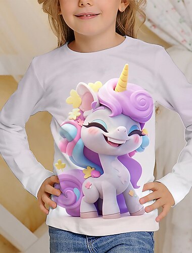  Flickor 3D Grafisk Tecknat Enhörnings T-shirt Långärmad 3D-tryck Sommar Höst Aktiv Mode söt stil Barn 3-12 år Utomhus Ledigt Dagligen Normal