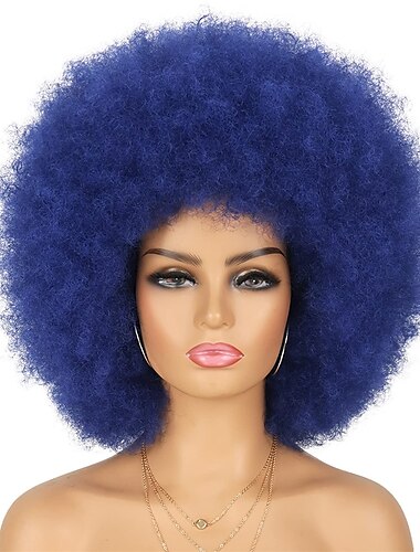  Perücke, 70er-Jahre-Afro-Perücke für schwarze Frauen, leimlose Wear-and-Go-Perücke, dunkelblaue Farbe, Kostüm-Halloween-Perücken, kurze Afro-Disco-Perücke, synthetische, bauschige, hitzebeständige