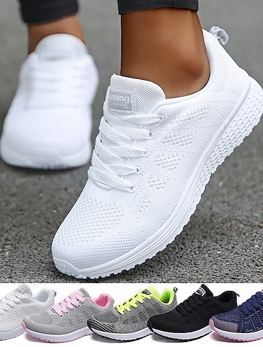  Women's Sneakers Plus Size Outdoor Daily Color Block Summer Flat Heel Round Toe Fashion Sporty Casual Running Walking Tissage Volant Lace-up Black White Blue
