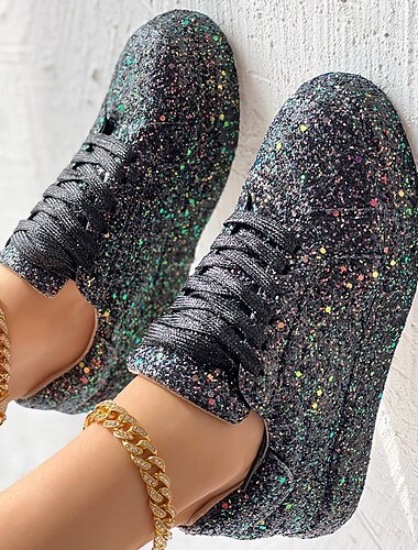  レディース シルバー グリッター プラットフォーム スニーカー - パーティーやストリート スタイルにぴったりのキラキラ光るレースアップ カジュアル シューズ