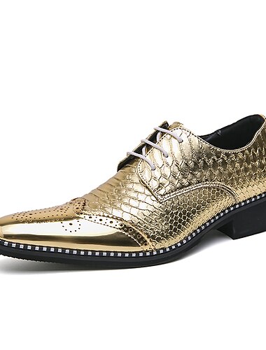  Chaussures Oxford pour homme en métal doré – Chaussures à lacets en similicuir brillant à bout golf pour fêtes, mariages et spectacles