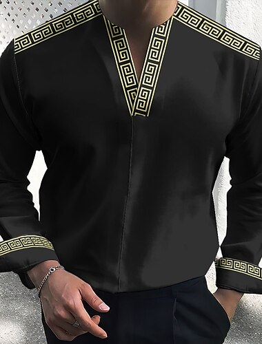  Herren Geometrie Hemd Knopfhemd Langarm Modisch Strassenmode Designer Outdoor Casual Täglich Sommer Herbst V Ausschnitt Bedruckt Schwarz Blau Braun Grün
