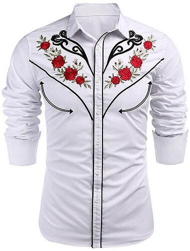  Hombre Floral Estampados Camisa camisa occidental Camisa vaquera Manga Larga Moda Ropa de calle Design Exterior Diario Otoño invierno Cuello Vuelto Estampado Rojo / Blanco Negro Azul Marino Caqui