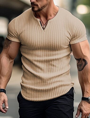  Homens Camiseta camisa muscular Camiseta de malha canelada T-shirt Manga Curta Decote V Verão Tecido Pit Strip Moda Designer Básico Estilo Clássico Férias Rua Para Noite Preto Branco cáqui Top Tee