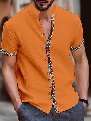  Voor heren Tribal Wijnoogst Overhemd Overhemd met knopen Korte mouw Modieus Streetwear Ontwerper Vakantie Straat Dagelijks Zomer Lente Opstaand Afdrukken Blauw-Groen Wit Marineblauw blauw Oranje