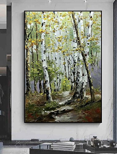  fait à la main peint à la main peinture à l'huile mur art printemps forêt de bouleaux peinture sur toile texture moderne arbre vert peinture décor toile roulée pas de cadre non tendu
