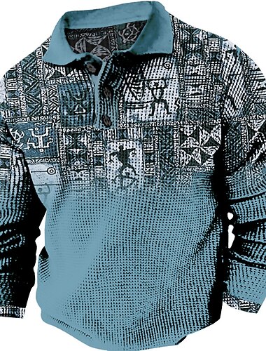  Herren Stammes Waffel-Poloshirts Golfshirt Langarm Polo-Shirts Hemden mit Kragen Vintage Lässig Urlaubskleidung Party-Outfits Knöpfe 3D-Druck Herbst Winter Königliches Blau Blau Orange