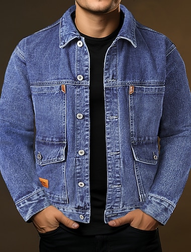  Men's Jacket Denim Jacket Outdoor Daily Wear Pocket Spring &  Fall Plain Fashion Streetwear Lapel Regular Black Blue Gray Jacket