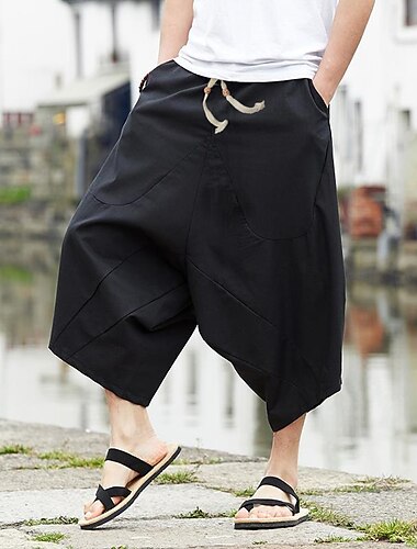  Men's Trousers Bloomers Baggy Beach Shorts Capri Pants Elastic Waist Wide Leg Print Comfort Breathable Casual Daily Beach Linen Cotton Blend Fashion Streetwear Black Red Micro-elastic