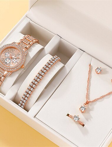  6PCS Zestaw Luksusowych Zegarków Prezent na Dzień Matki dla Kobiet Pierścionek Naszyjnik Kolczyki Kryształowy Modny Zegarek na Rękę Kobiety Casual Zestaw Zegarków dla Pań Bransoletka