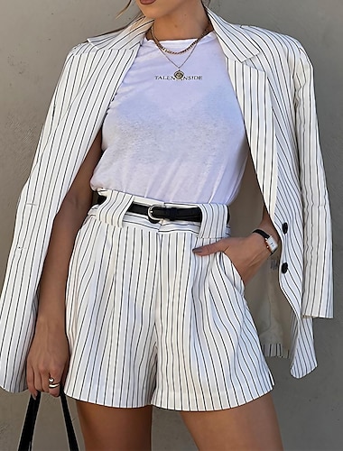  Women's Blazer Suits 2 Piece Business Set Causal Blazer Pant Pocket Stripes Party Outfit Fashion Outerwear Long Sleeve Fall White S