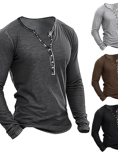  Homme T-shirt Chemise Henley manche longue Uni Mode Designer Basique Délavé Henley Vacances Rue Sortir Printemps & Automne Gris foncé Noir Café T-shirt Henley