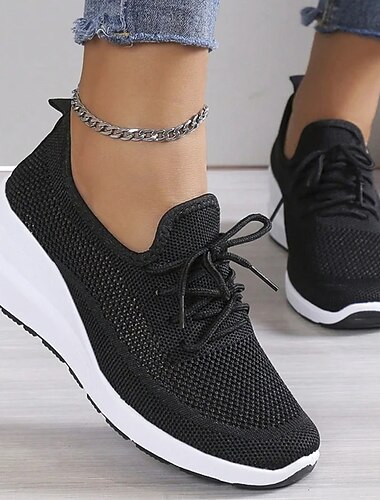 Dames Sneakers Schoenen voor Extra Lengte Buiten Dagelijks Effen Kleur Zomer Sleehak Ronde Teen Sportief Casual Comfortabel Hardlopen Wandelen Vliegende weven Elastiekje Zwart Wit Abrikoos