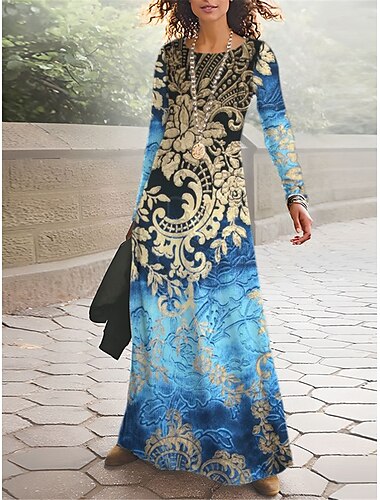  Damen T-Shirt-Kleid Casual kleid Winter Kleid Blumen Stammes Bedruckt Rundhalsausschnitt kleid lang Vintage Ethnisch Outdoor Strasse Langarm Regular Fit Schwarz Rote Königliches Blau Frühling Herbst