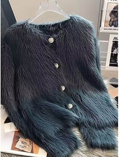  Damen Strickjacke Stilvoll Brautkleider schlicht Weich Feste Farbe Gerippt Rundhalsausschnitt Kunstpelzbesatz Langarm Normale Oberteile Stricken Täglich Ausgehen Wochenende Schwarz Weiß Herbst Winter