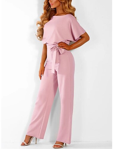  dam jumpsuit elegant bälte midja röd breda ben rund hals kort ärm enfärgad fest arbete casual vår sommar kläder kläder