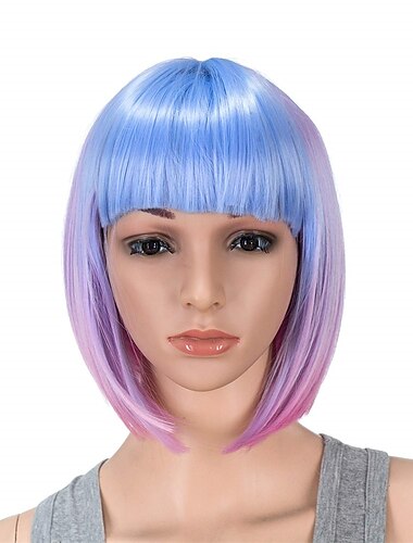  10 Zoll Blaue Rosa Ombre Multicolor Kurze Gerade Bob Perücke mit Ponys Synthetische Bunte Cosplay Tägliche Party Flapper Perücke für Frauen und Kinder mit Perückenkappe Halloween Perücken
