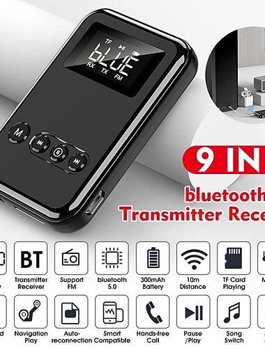  جهاز إرسال واستقبال بلوتوث 5.0، محول صوت لاسلكي 9 في 1 مع شاشة LED، قارئ بطاقات TF، راديو FM، مكالمات بدون استخدام اليدين، منفذ AUX 3.5 ملم للتلفزيون، الكمبيوتر، السيارة، نظام ستيريو منزلي، صوت ستيريو، توصيل وتشغيل