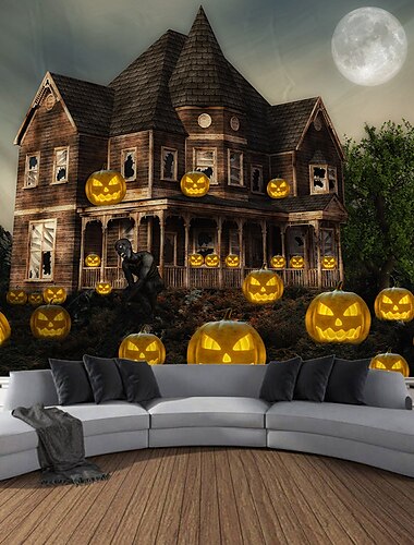  halloween dekorace gobelín jack o lucerna dýňová výzdoba nástěnné umění velký závěsný gobelín nástěnná malba fotografie pozadí přikrývka opona domácí ložnice obývací pokoj netopýři strašidelný dům