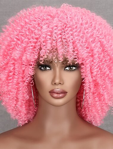  Hellrosa Lockenperücken für schwarze Frauen, kurze Afro-Lockenperücken mit Pony, Afro-Kinky-Perücken aus Kunstfaser, kurze, lockige rosa Perücke für den täglichen Gebrauch