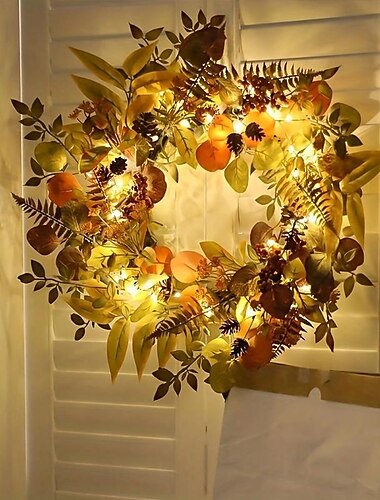  Guirlanda de Luz LED de Planta Artificial de Outono de 22 polegadas Decoração de Porta da Frente do Jardim para Festa ao Ar Livre para Halloween