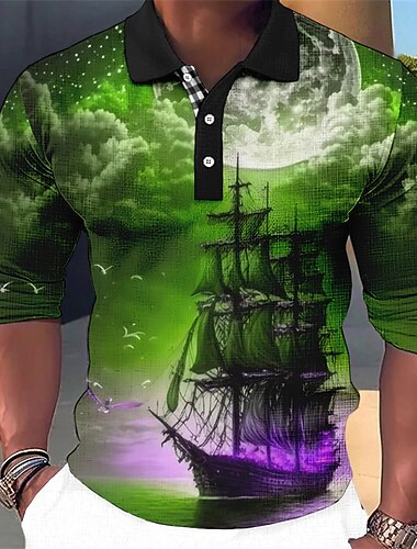  בגדי ריקוד גברים ימי חולצות פולו חולצת גולף שרוול ארוך חולצות פולו חולצות עם צווארון וינטאג' יום יומי בגדי נופש בגדי סירות תלבושות למסיבה הדפסת תלת מימד כפתורים כחול- ירוק אודם פול