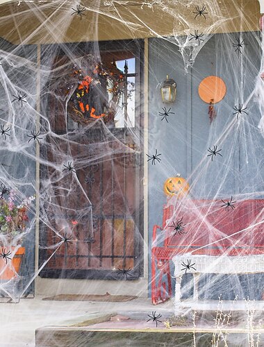 dekoracje na Halloween z pajęczynami z dodatkowymi fałszywymi pająkami, super rozciągliwe pajęczyny do dekoracji na Halloween wewnątrz i na zewnątrz