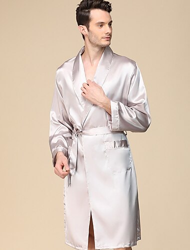  Hombre Túnica Bata de seda Pijama Plano Elegante Casual Confort Hogar Diario Cama Seda sintética Comodidad Verano Primavera Plata Azul Piscina