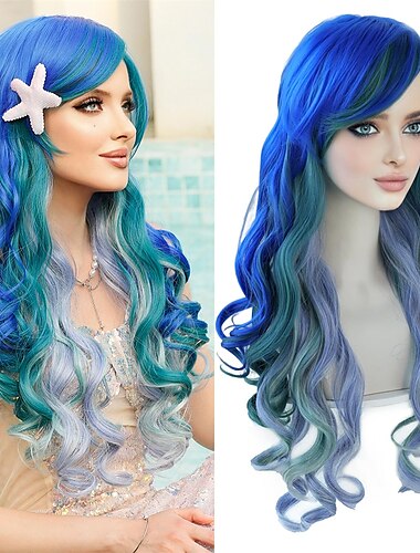  Peluca de sirena larga y ondulada de color azul verdoso con flequillo, pelucas de sirena de Ariel rizadas de color azul oscuro, violeta claro y verde lago, peluca de cosplay para fiestas, atuendo