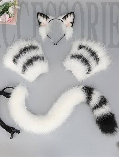  söt plysch odjur öra huvudbonader öppna finger handskar beast tail cosplay rekvisita tillbehör hårtillbehör katt svans set