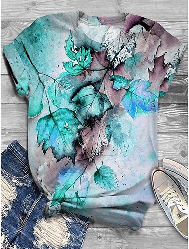  Damen T-Shirt Basic Blätterdruck Kurzarm Normal Oberteile Rundhals Alltag Wochenende Pink Rot Blau Lila Orange