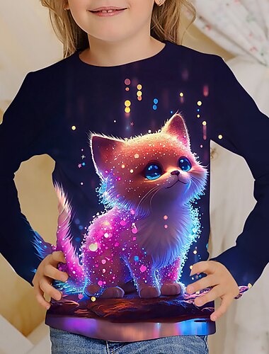  女の子 3D グラフィック カートゥン 猫 Tシャツ Ｔシャツ 長袖 3Dプリント 夏 春 秋 活発的 ファッション かわいいスタイル 子供 3〜12年 アウトドア カジュアル 日常 レギュラー