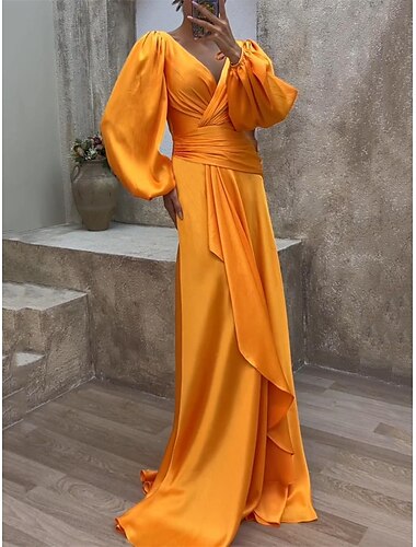  نسائي فستان اسود فستان الحفله فستان الحفلة متعدد الطبقات V رقبة كم طويل برتقالي الربيع الشتاء