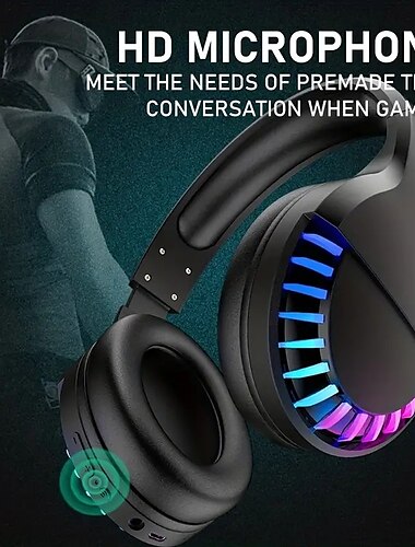  sans fil bt casque avec annulation de bruit hifi stéréo son micro profonde basse protéines coussinets arc-en-rgb rétro-éclairage rechageable sur l'oreille casque pour pc mac jeu voyage classe bureau à