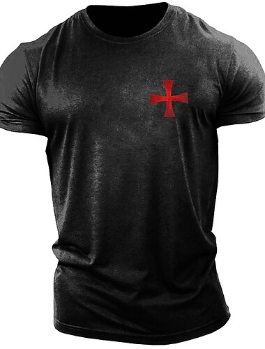  T-Shirt Bianco a Maniche Corte da Uomo con Grafica della Croce Templare Stile Crociato