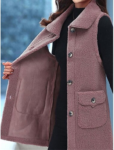  Women's Teddy Vest Long Teddy Coat Fall Sherpa Jacket Fleece Warm Zipper Vest with Pockets Winter Long Coat Windproof Warm Modern Style Sleeveless Plain Pink Red Khaki