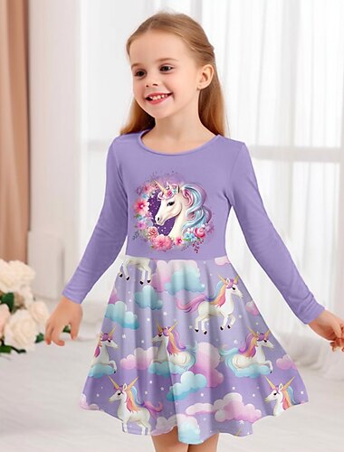  Mädchen' 3D Graphic Karikatur Einhorn Kleid Langarm 3D-Druck Sommer Herbst Urlaub Sport & Natur Täglich Kuschelig Brautkleider schlicht Schön kinderkleidung 3-12 Jahre Casual kleid A Linie Kleid