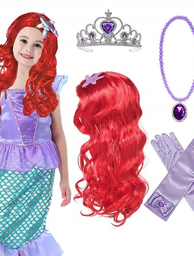  peluca de princesa sirena ariel trenza con tiara de princesa collar guantes no incluido vestido princesa sirena ariel vestir cosplay accesorios para niños niñas pelucas de halloween
