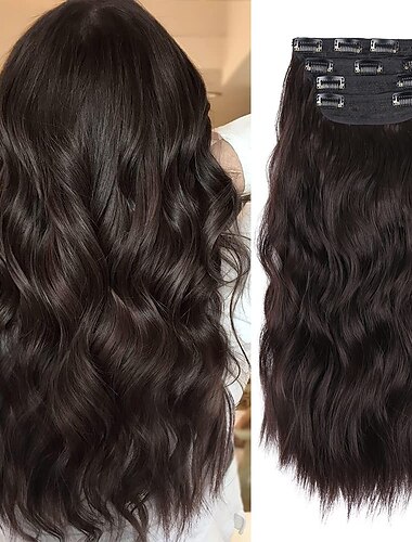  4pcs extensions de cheveux brun foncé 20 pouces clip dans les extensions de cheveux longues extensions de cheveux synthétiques bouclés clip dans les cheveux humains épais extensions de cheveux brune