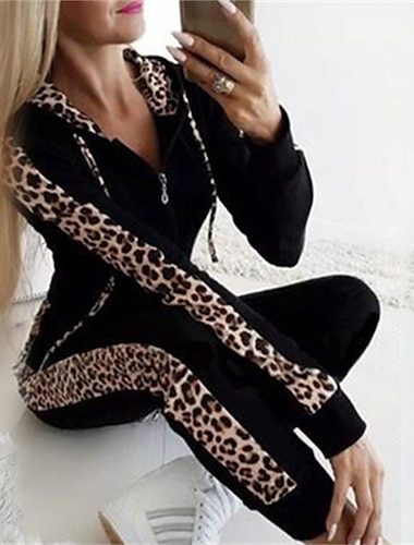  Women's Hoodies & Sweatshirts Tracksuit Pants Sets Leopard Zipper Print Outdoor Casual Streetwear Daily Long Sleeve Hooded Black Fall & Winter