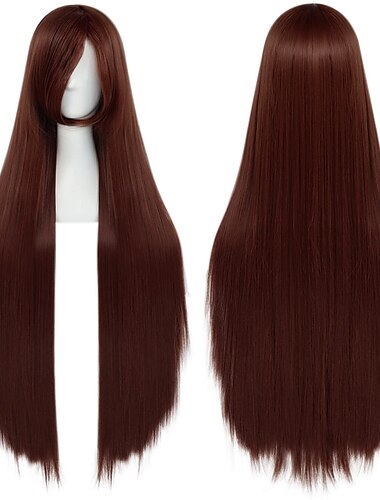  Perruque marron de 100 cm pour femmes et filles, perruque droite de cosplay avec frange, perruque de cheveux synthétiques, costume pour fête de carnaval d'anime