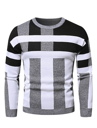  Hombre Plaid Raya Suéter de punto Prendas de punto Cuello Barco Moda Ropa de calle Design Vacaciones Ropa Cotidiana Noche De Punto Estampado Manga Larga Otoño invierno Gris