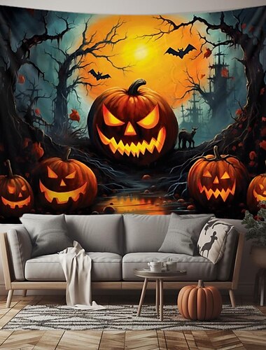  halloween dekorációk gobelin jack o lámpás tök dekor fal művészet nagy függő gobelin falfestmény dekoráció fénykép háttér takaró függöny otthon hálószoba nappali denevér kísértetház temető