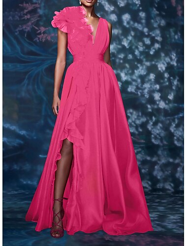  Γραμμή Α Μακρύ Φορέματα χορού Βραδινά φορέματα Τουαλέτα Επίσημο ένδυμα Στυλ Διασήμων Λουλουδάτο Αμάνικο Λαιμόκοψη V Επίσημο Επισκέπτης γάμου Σιφόν Σατέν με Φόρεμα Καθαρό Χρώμα 2025