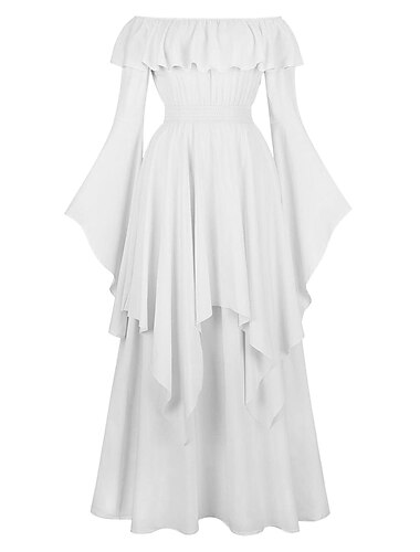  Elegant Medeltida kostymer Renässans Cocktailklänning Regency inspirerad klänning Puffärm Viking Alven Över axeln Ensfärgat Maskeradkläder Dam Keltiskt Pirat fantasi Halloween Karnival Maskerad