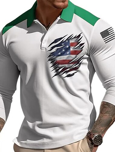  Herren Amerikanische Flagge Veteranen Poloshirts Golfshirt Langarm Polo-Shirts Hemden mit Kragen Lässig Streetwear Urlaubskleidung Party-Outfits Knöpfe 3D-Druck Gelb Blau Grün