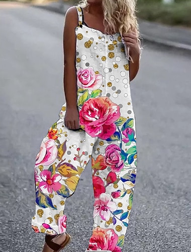  Women's Jumpsuit Button Print Floral Cold Shoulder Ordinary Street Going out Wide Leg Loose Fit Sleeveless Sleeveless Black White Yellow S M L Summer