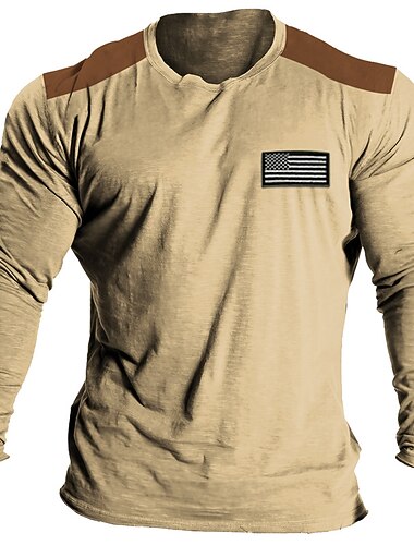  Homme T-shirt Chemise à Manches Longues manche longue Col ras du cou Printemps & Automne Bloc de Couleur Drapeau national Mode Designer Basique Patchwork Broderie Vacances Rue Sortir Noir Blanche Kaki
