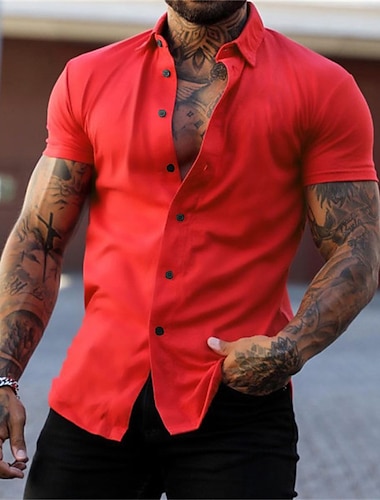 男性用 シャツ ボタンアップシャツ サマーシャツ ブラック イエロー ピンク ルビーレッド ダークネイビー 半袖 レタード 折襟 ストリート カジュアル ボタンダウン 衣類 ファッション カジュアル 快適
